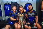12 May 2018; Leinster players, from left, Jordan Larmour Rob Kearney and Isa Nacewa celebrate with the cup in the dressing room after the European Rugby Champions Cup Final match between Leinster and Racing 92 at the San Mames Stadium in Bilbao, Spain. Photo by Ramsey Cardy/Sportsfile