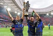 12 May 2018; Leinster players, from left, Jordi Murphy, Tadhg Furlong and Rob Kearney celebrate with the cup after the European Rugby Champions Cup Final match between Leinster and Racing 92 at the San Mames Stadium in Bilbao, Spain. Photo by Brendan Moran/Sportsfile