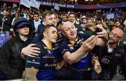 12 May 2018; Jordan Larmour of Leinster celebrates with supporters after the European Rugby Champions Cup Final match between Leinster and Racing 92 at the San Mames Stadium in Bilbao, Spain. Photo by Brendan Moran/Sportsfile