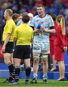 12 May 2018; Donnacha Ryan of Racing 92 with match official JP Doyle after the European Rugby Champions Cup Final match between Leinster and Racing 92 at the San Mames Stadium in Bilbao, Spain. Photo by Brendan Moran/Sportsfile