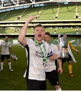 12 May 2018; Jake Corrigan of Maynooth University Town celebrates with the cup following the FAI New Balance Intermediate Cup Final match between Firhouse Clover and Maynooth University Town at the Aviva Stadium in Dublin. Photo by Eóin Noonan/Sportsfile