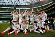 12 May 2018; Maynooth University Town players celebrates with the cup following the FAI New Balance Intermediate Cup Final match between Firhouse Clover and Maynooth University Town at the Aviva Stadium in Dublin. Photo by Eóin Noonan/Sportsfile