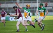 12 May 2018; Joseph Cooney of Galway in action against Colin Egan, left, and Damien Egan of Offaly during the Leinster GAA Hurling Senior Championship First Round match between Offaly and Galway at Bord na Mona O'Connor Park in Tullamore, Offaly. Photo by Ray McManus/Sportsfile