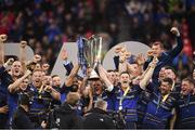 12 May 2018; Leinster players lift the cup after the European Rugby Champions Cup Final match between Leinster and Racing 92 at the San Mames Stadium in Bilbao, Spain. Photo by Ramsey Cardy/Sportsfile