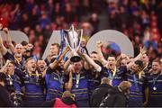 12 May 2018; Leinster players lift the cup after the European Rugby Champions Cup Final match between Leinster and Racing 92 at the San Mames Stadium in Bilbao, Spain. Photo by Ramsey Cardy/Sportsfile