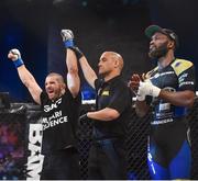 12 May 2018; Ion Pascu is declared victorious after defeating Alex Lohore following their Welterweight bout at BAMMA 35 at the 3 Arena in Dublin. Photo by David Fitzgerald/Sportsfile