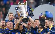 12 May 2018; Isa Nacewa, Jordi Murphy and Jonathan Sexton of Leinster lift the trophy following the European Rugby Champions Cup Final match between Leinster and Racing 92 at the San Mames Stadium in Bilbao, Spain. Photo by Ramsey Cardy/Sportsfile