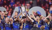 12 May 2018; Isa Nacewa, Jordi Murphy and Jonathan Sexton of Leinster lift the trophy following the European Rugby Champions Cup Final match between Leinster and Racing 92 at the San Mames Stadium in Bilbao, Spain. Photo by Ramsey Cardy/Sportsfile