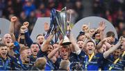 12 May 2018; Isa Nacewa, Jordi Murphy and Jonathan Sexton of Leinster lift the trophy following the European Rugby Champions Cup Final match between Leinster and Racing 92 at the San Mames Stadium in Bilbao, Spain. Photo by Ramsey Cardy/Sportsfile