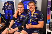 12 May 2018; James Tracy, left, and Jordi Murphy of Leinster following their victory in the European Rugby Champions Cup Final match between Leinster and Racing 92 at the San Mames Stadium in Bilbao, Spain. Photo by Ramsey Cardy/Sportsfile