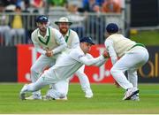 13 May 2018; Andrew McBrine of Ireland, centre, fails to hold onto a catch following a shot by Faheem Ashraf of Pakistan during day three of the International Cricket Test match between Ireland and Pakistan at Malahide, in Co. Dublin. Photo by Seb Daly/Sportsfile