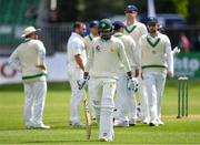 13 May 2018; Faheem Ashraf of Pakistan leaves the field after being caught by wicket-keeper Niall O'Brien of Ireland, off a delivery by Stuart Thompson, during day three of the International Cricket Test match between Ireland and Pakistan at Malahide, in Co. Dublin. Photo by Seb Daly/Sportsfile