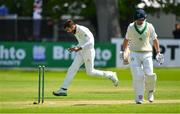 13 May 2018; Mohammad Amir of Pakistan celebrates after bowling out William Porterfield of Ireland, right, during day three of the International Cricket Test match between Ireland and Pakistan at Malahide, in Co. Dublin. Photo by Seb Daly/Sportsfile