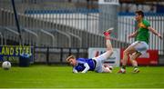 13 May 2018; Paul Broderick of Carlow scores his side's second goal past Craig Lynch of Louth during the Leinster GAA Football Senior Championship Preliminary Round match between Louth and Carlow at O'Moore Park in Laois. Photo by Harry Murphy/Sportsfile
