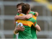 13 May 2018; Carlow's Paul Broderick, behind, and Seán Gannon celebrate after the Leinster GAA Football Senior Championship Preliminary Round match between Louth and Carlow at O'Moore Park in Laois. Photo by Piaras Ó Mídheach/Sportsfile