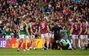 13 May 2018; Diarmuid O'Connor, extreme left, of Mayo reacts after being shown a red card by Referee Conor Lane for a tackle on Paul Conroy of Galway during the Connacht GAA Football Senior Championship Quarter-Final match between Mayo and Galway at Elvery's MacHale Park in Mayo. Photo by Eóin Noonan/Sportsfile