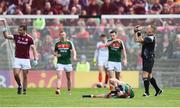 13 May 2018; Tom Parsons of Mayo lies injured during the Connacht GAA Football Senior Championship Quarter-Final match between Mayo and Galway at Elvery's MacHale Park in Mayo. Photo by David Fitzgerald/Sportsfile