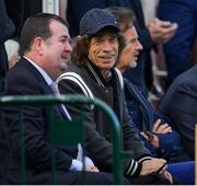 13 May 2018; Sir Mick Jagger of the Rolling Stones, centre, alongside Dennis Cousins, left, Commercial Director Cricket Ireland, during day three of the International Cricket Test match between Ireland and Pakistan at Malahide, in Co. Dublin. Photo by Seb Daly/Sportsfile