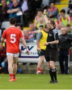 13 May 2018; Referee Niall Cullen shows the black card to Derek Maguire of Louth during the Leinster GAA Football Senior Championship Preliminary Round match between Louth and Carlow at O'Moore Park in Laois. Photo by Piaras Ó Mídheach/Sportsfile
