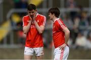 13 May 2018; Louth's Ciarán Downey, left, and Ross Nally dejected after the Leinster GAA Football Senior Championship Preliminary Round match between Louth and Carlow at O'Moore Park in Laois. Photo by Piaras Ó Mídheach/Sportsfile