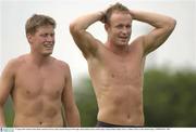 12 August 2003; Ireland's Denis Hickie and Ronan O'Gara, (left), pictured during an Irish rugby squad training session. Ireland rugby training, Kildare Rugby Club, Co. Kildare. Picture credit; Damien Eagers / SPORTSFILE *EDI*