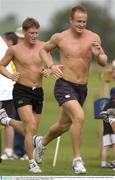 12 August 2003; Ireland's Denis Hickie and Ronan O'Gara, (left), pictured during an Irish rugby squad training session. Ireland rugby training, Kildare Rugby Club, Co. Kildare. Picture credit; Damien Eagers / SPORTSFILE *EDI*