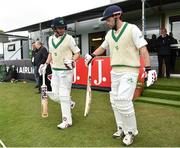 14 May 2018; Ireland batsmen William Porterfield, left, and Ed Joyce take to the field prior to play on day four of the International Cricket Test match between Ireland and Pakistan at Malahide, in Co. Dublin. Photo by Seb Daly/Sportsfile