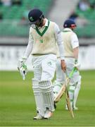 14 May 2018; Andrew Balbirnie of Ireland leaves the field after being trapped LBW by Mohammad Abbas of Pakistan during day four of the International Cricket Test match between Ireland and Pakistan at Malahide, in Co. Dublin. Photo by Seb Daly/Sportsfile