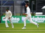 14 May 2018; Mohammad Amir of Pakistan, right, celebrates after claiming the wicket of William Porterfield of Ireland, who was caught by wicket-keeper Sarfraz Ahmed, during day four of the International Cricket Test match between Ireland and Pakistan at Malahide, in Co. Dublin. Photo by Seb Daly/Sportsfile