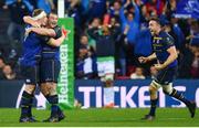 12 May 2018; Dan Leavy, left, Jack McGrath, centre, and Jack Conan of Leinster celebrate at the final whistle of the European Rugby Champions Cup Final match between Leinster and Racing 92 at the San Mames Stadium in Bilbao, Spain. Photo by Ramsey Cardy/Sportsfile