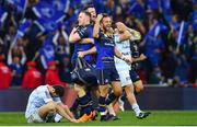 12 May 2018; Jamison Gibson-Park, Rory O'Loughlin and James Ryan of Leinster celebrate at the final whistle of the European Rugby Champions Cup Final match between Leinster and Racing 92 at the San Mames Stadium in Bilbao, Spain. Photo by Ramsey Cardy/Sportsfile