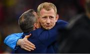 12 May 2018; Leinster head coach Leo Cullen is congratulated by Leinster Head of Rugby Operations Guy Easterby during the European Rugby Champions Cup Final match between Leinster and Racing 92 at the San Mames Stadium in Bilbao, Spain. Photo by Ramsey Cardy/Sportsfile