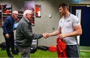 14 May 2018; Munster captain Peter O'Mahony presents a signed Munster jersey to Len Dineen of Limerick's Live 95fm in recognition of his retirement from sports broadcasting after 40 years of service during a Munster Rugby press conference at the University of Limerick in Limerick. Photo by Diarmuid Greene/Sportsfile