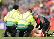 13 May 2018; (EDITORS NOTE; This image contains graphic content) Tom Parsons of Mayo is treated by medical staff on the pitch after sustaining an injury during the Connacht GAA Football Senior Championship Quarter-Final match between Mayo and Galway at Elvery's MacHale Park in Mayo. Photo by Eóin Noonan/Sportsfile