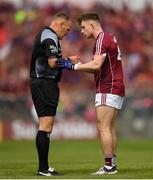 13 May 2018; Eoghan Kerin of Galway protests to referee Conor Lane during the Connacht GAA Football Senior Championship Quarter-Final match between Mayo and Galway at Elvery's MacHale Park in Mayo. Photo by Eóin Noonan/Sportsfile