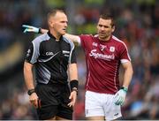 13 May 2018; Cathal Sweeney of Galway protests to referee Conor Lane during the Connacht GAA Football Senior Championship Quarter-Final match between Mayo and Galway at Elvery's MacHale Park in Mayo. Photo by Eóin Noonan/Sportsfile