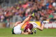 13 May 2018; (EDITORS NOTE; This image contains graphic content) Tom Parsons of Mayo during a coming together with Eoghan Kerin of Galway during the Connacht GAA Football Senior Championship Quarter-Final match between Mayo and Galway at Elvery's MacHale Park in Mayo. Photo by Eóin Noonan/Sportsfile