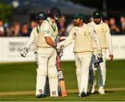 14 May 2018; Kevin O'Brien of Ireland, left, shakes hands with Pakistan captain Sarfraz Ahmed as he leaves the field at the close of play after scoring 118 runs on day four of the International Cricket Test match between Ireland and Pakistan at Malahide, in Co. Dublin. Photo by Seb Daly/Sportsfile