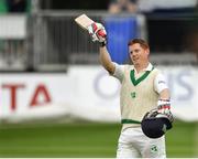 14 May 2018; Kevin O'Brien of Ireland celebrates after scoring a century during day four of the International Cricket Test match between Ireland and Pakistan at Malahide, in Co. Dublin. Photo by Seb Daly/Sportsfile