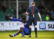 14 May 2018; Stanley Aborah of Waterford is helped back to his feet by referee Anthony Buttimer during the SSE Airtricity League Premier Division match between Bray Wanderers and Waterford at the Carlisle Grounds in Bray, Wicklow. Photo by Eóin Noonan/Sportsfile