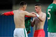 14 May 2018; Oisin McEntee, left, of Republic of Ireland takes over the goalkeepers jersey from Jimmy Corcoran during the penalty shoot out during the UEFA U17 Championship Quarter-Final match between Netherlands and Republic of Ireland at Proact Stadium in Chesterfield, England. Photo by Malcolm Couzens/Sportsfile