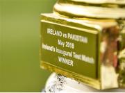 15 May 2018; A detailed view of the Brighto trophy prior to play on day five of the International Cricket Test match between Ireland and Pakistan at Malahide, in Co. Dublin. Photo by Seb Daly/Sportsfile