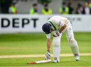 15 May 2018; Kevin O'Brien of Ireland reacts after being caught by Haris Sohail of Pakistan, off of a delivery from Mohammad Abbas, during day five of the International Cricket Test match between Ireland and Pakistan at Malahide, in Co. Dublin. Photo by Seb Daly/Sportsfile