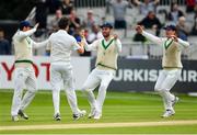 15 May 2018; Tim Murtagh, second left, is congratulated team-mate, from left, Ed Joyce, Andrew Balbirnie and William Porterfield after claiming the wicket of Azhar Ali of Pakistan, caught by Paul Stirling during day five of the International Cricket Test match between Ireland and Pakistan at Malahide, in Co. Dublin. Photo by Seb Daly/Sportsfile