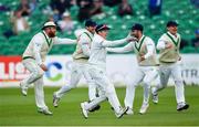 15 May 2018; Ed Joyce of Ireland, second left, celebrates with team-mates after catching out Haris Sohail of Pakistan, off of a Boyd Rankin delivery, during day five of the International Cricket Test match between Ireland and Pakistan at Malahide, in Co. Dublin. Photo by Seb Daly/Sportsfile