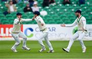 15 May 2018; Ed Joyce of Ireland, centre, celebrates with team-mates William Porterfield, left, and Andrew Balbirnie, right, after catching out Haris Sohail of Pakistan, off of a Boyd Rankin delivery, during day five of the International Cricket Test match between Ireland and Pakistan at Malahide, in Co. Dublin. Photo by Seb Daly/Sportsfile
