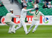 15 May 2018; Ed Joyce of Ireland, right, celebrates with team-mates after catching out Haris Sohail of Pakistan, off of a Boyd Rankin delivery, during day five of the International Cricket Test match between Ireland and Pakistan at Malahide, in Co. Dublin. Photo by Seb Daly/Sportsfile