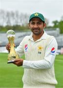 15 May 2018; Pakistan captain Sarfraz Ahmed with the Brighto trophy following his side's victory on day five of the International Cricket Test match between Ireland and Pakistan at Malahide, in Co. Dublin. Photo by Seb Daly/Sportsfile