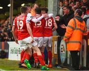 15 May 2018; Dean Clarke of St Patrick's Athletic is congratulated by team mates after scoring his side's first goal during the SSE Airtricity League Premier Division match between St Patrick's Athletic and Sligo Rovers at Richmond Park in Dublin. Photo by David Fitzgerald/Sportsfile