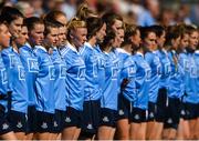 6 May 2018; Carla Rowe of Dublin, centre, and her team-mates stand for Amhrán na bhFiann before the Lidl Ladies Football National League Division 1 Final match between Dublin and Mayo at Parnell Park in Dublin. Photo by Piaras Ó Mídheach/Sportsfile